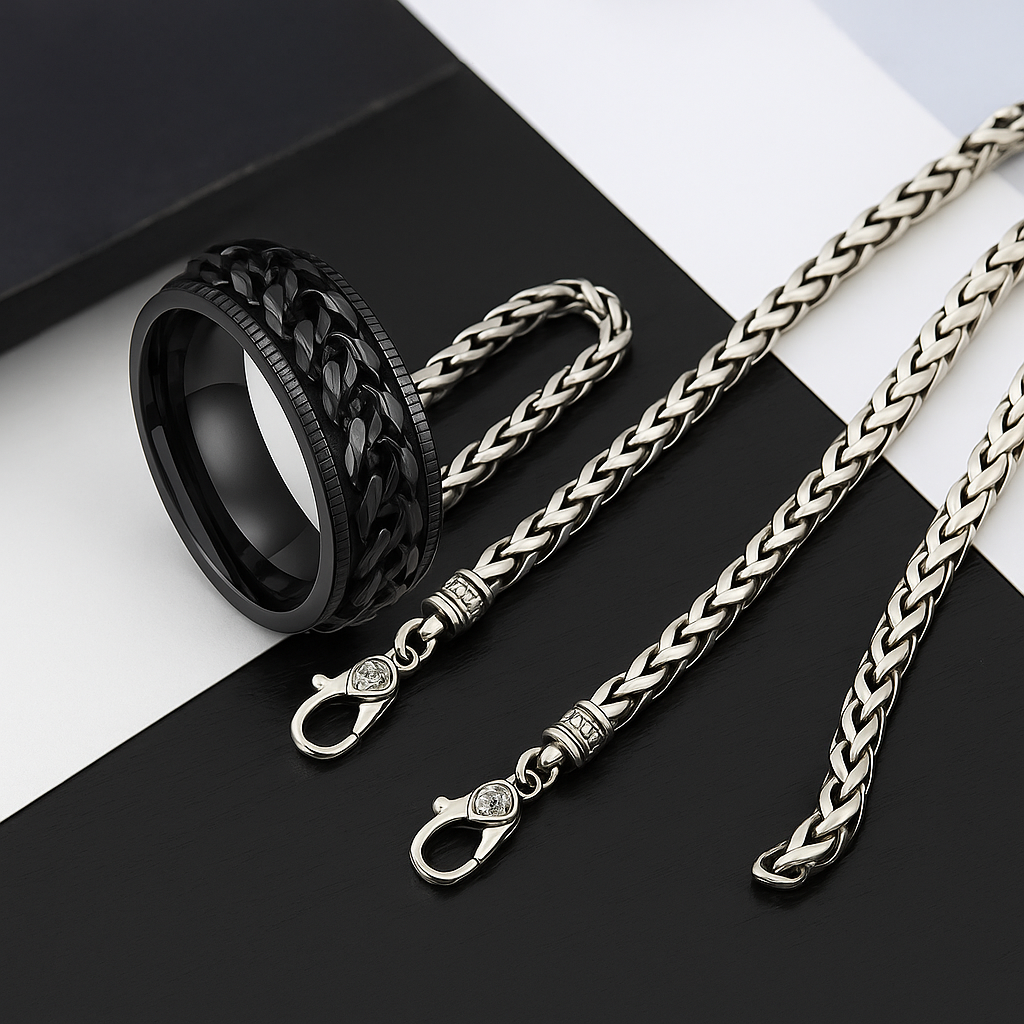 Spinner Ring, Silver Chain & Bracelet Combo